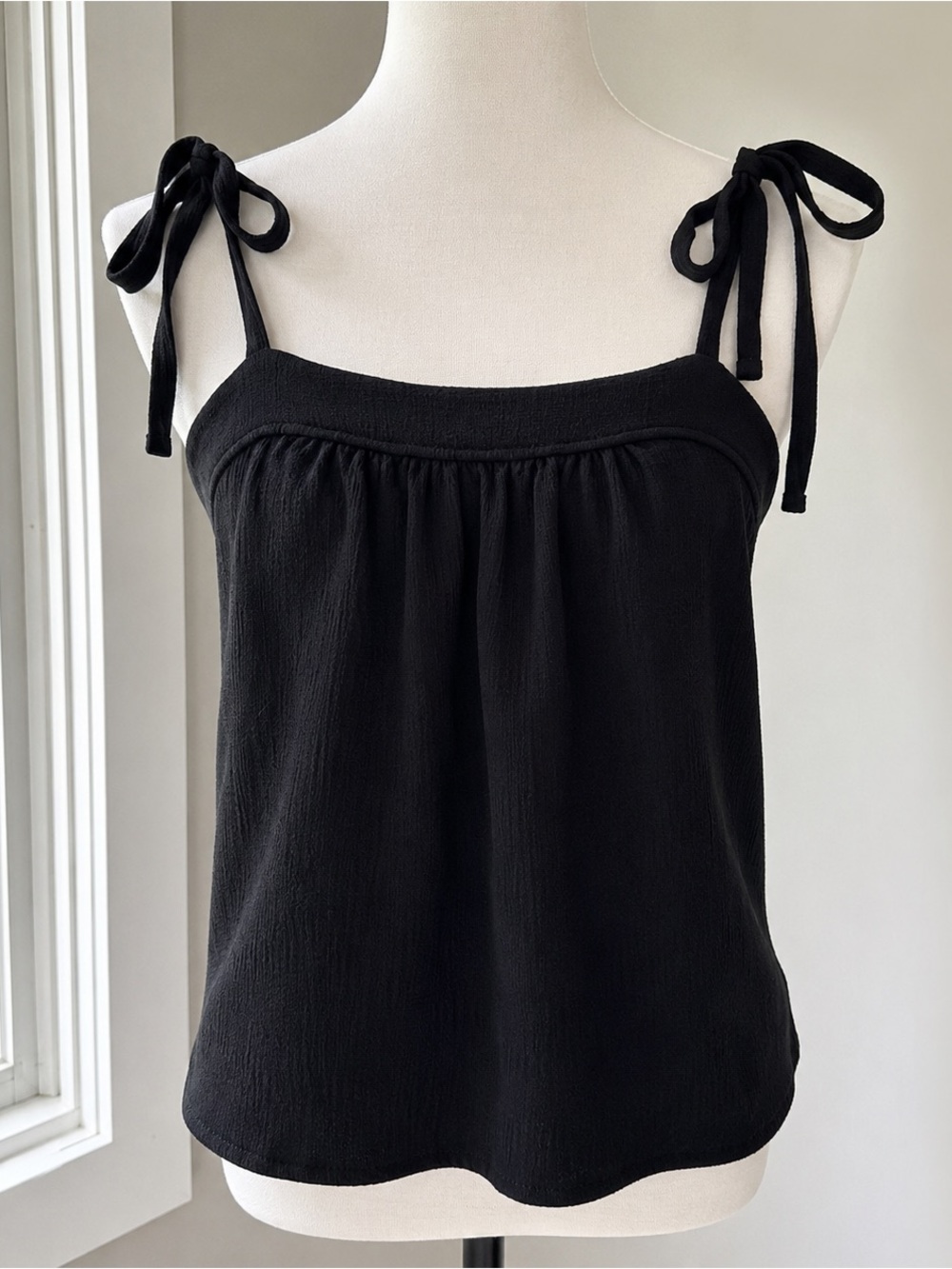 Madewell XS Black Tie Shoulder Tank Top Cotton Blend Babydoll Swing Cami
